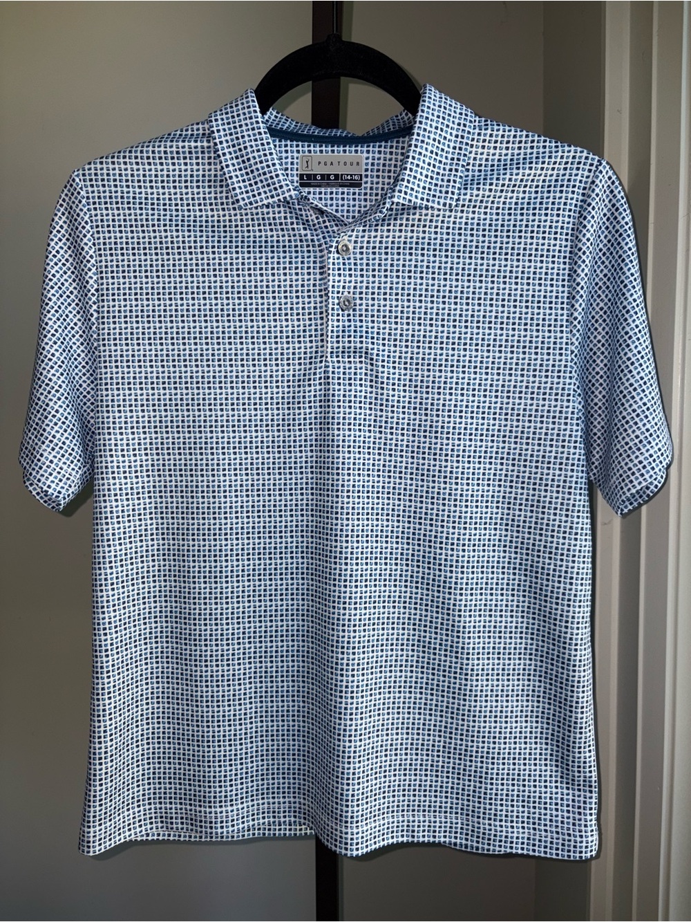 PGA Tour Youth Golf Performance Polo Shirt Blue Geometric Micro-Grid Print Large